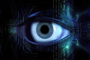 Macro eye with high technology for futuristic virtual reality. Concept of biometric and retinal scanning and personal data security. photo