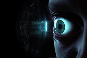 Macro eye with high technology for futuristic virtual reality. Concept of biometric and retinal scanning and personal data security. photo