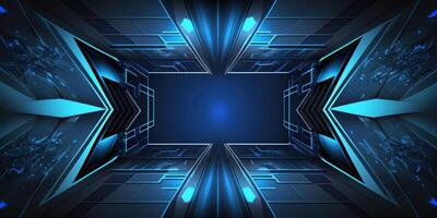 symmetrical blue tech abstract background with lines and shapes. photo