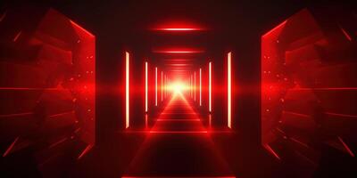 symmetrical red neon light abstract background with lines and shapes. photo