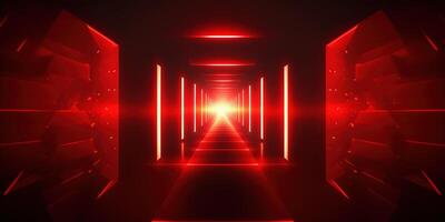 symmetrical red neon light abstract background with lines and shapes. photo