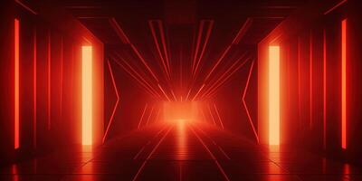 symmetrical red neon light abstract background with lines and shapes. photo