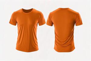 Photo realistic male orange t-shirts with copy space, front and back view.