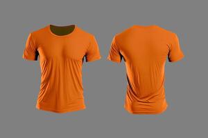 Photo realistic male orange t-shirts with copy space, front and back view.