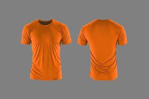 Photo realistic male orange t-shirts with copy space, front and back view.