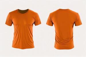 Photo realistic male orange t-shirts with copy space, front and back view.