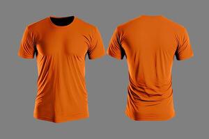 Photo realistic male orange t-shirts with copy space, front and back view.