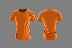 Photo realistic male orange t-shirts with copy space, front and back view.