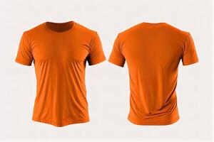 Photo realistic male orange t-shirts with copy space, front and back view.