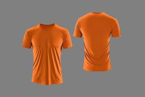 Photo realistic male orange t-shirts with copy space, front and back view.