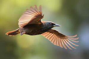 majestuoso pájaro en vuelo en contra un borroso antecedentes. ai generado foto