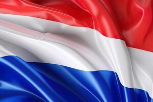 red, white and blue background, waving the national flag of Netherlands, waved a highly detailed close-up. photo