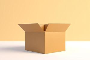 Cardboard box with opened cover isolated on white and beige background. photo