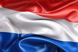 red, white and blue background, waving the national flag of Netherlands, waved a highly detailed close-up. photo