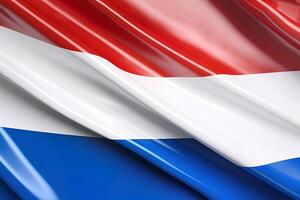 rojo, blanco y azul fondo, ondulación el nacional bandera de Países Bajos, saludó un muy detallado de cerca. ai generado foto