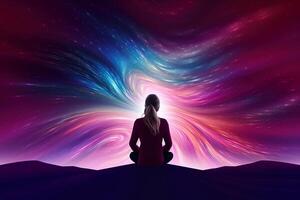 a woman meditating under a galaxy sky. photo