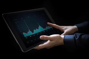 Business person analyzing stock market data on tablet with dark background. photo