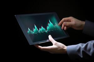 Business person analyzing stock market data on tablet with dark background. photo