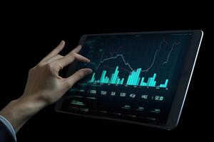 Business person analyzing stock market data on tablet with dark background. photo