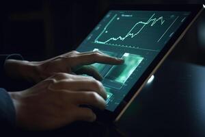 Business person analyzing stock market data on tablet with dark background. photo
