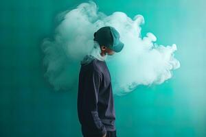 un hombre en pie en frente de un nube de fumar con el cian tema. ai generado foto