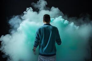 un hombre en pie en frente de un nube de fumar con el cian tema. ai generado foto