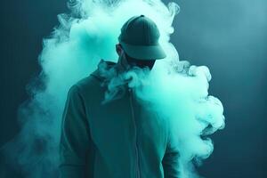 a man standing in front of a cloud of smoke with the cyan theme. photo