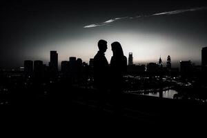 silueta de un romántico joven Pareja disfrutando el ciudad paisaje nocturno ai generado foto