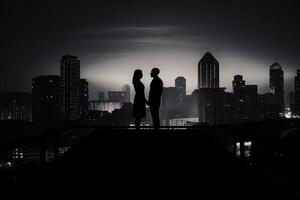 silueta de un romántico joven Pareja disfrutando el ciudad paisaje nocturno ai generado foto