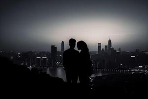 silueta de un romántico joven Pareja disfrutando el ciudad paisaje nocturno ai generado foto