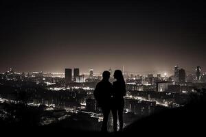 silueta de un romántico joven Pareja disfrutando el ciudad paisaje nocturno ai generado foto