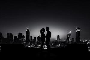 Silhouette of a romantic young couple enjoying the city nightscape. photo