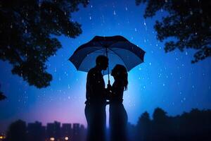 Silhouette a couple standing under an umbrella in the rain. photo