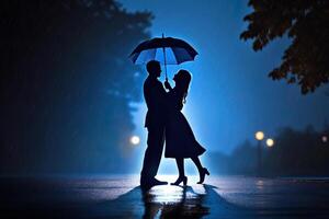 Silhouette a couple standing under an umbrella in the rain. photo