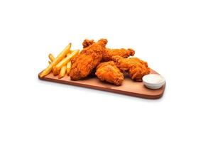 Crispy delicious fried chicken and french fries with sauce on a rectangular wooden board isolated on white background. photo