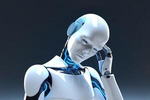 White humanoid robot thinking and touching his head. photo