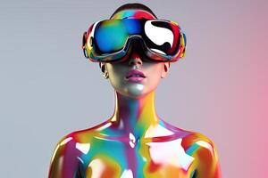 chrome colorful woman wearing a virtual reality headset. photo