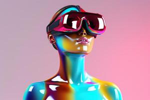 chrome colorful woman wearing a virtual reality headset. photo