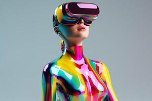 chrome colorful woman wearing a virtual reality headset. photo