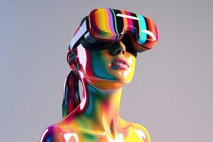 chrome colorful woman wearing a virtual reality headset. photo