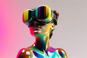 chrome colorful woman wearing a virtual reality headset. photo