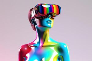 chrome colorful woman wearing a virtual reality headset. photo