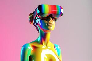 cromo vistoso mujer vistiendo un virtual realidad auriculares. ai generado foto