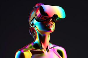 chrome colorful woman wearing a virtual reality headset. photo