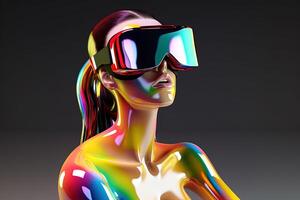 cromo vistoso mujer vistiendo un virtual realidad auriculares. ai generado foto