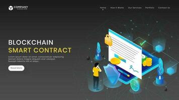 Online e-contract from smartphone with cryptocurrency information data and man security management for Blockchain Smart Contract website or landing page design. vector