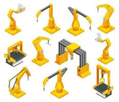 Conveyor machines with robotic hand. Isometric set of yellow grey automatic equipment. Industry technology concept. Vector illustration