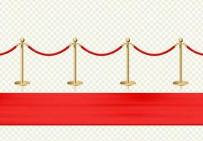 Red carpet and golden barriers front view. Realistic isolated fence. Vector illustration.