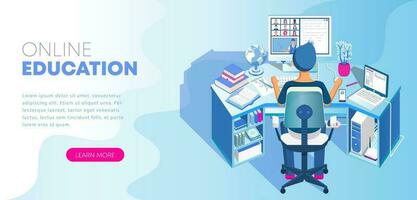 Learning online at home. Student sitting at desk and looking at computer monitor. E-learning banner. Web courses or tutorials concept. Distance education flat isometric vector illustration.