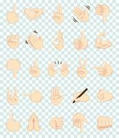 mano gesto emojis íconos recopilación. apretón de manos, bíceps, aplausos, pulgar, paz, rock en, OK, carpeta manos gesticulando conjunto de diferente emoticon manos aislado vector. vector